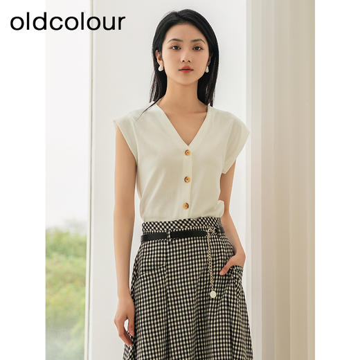 oldcolour夏季新款气质优雅时尚通勤V领无袖短外套女HQ220503A1 商品图0