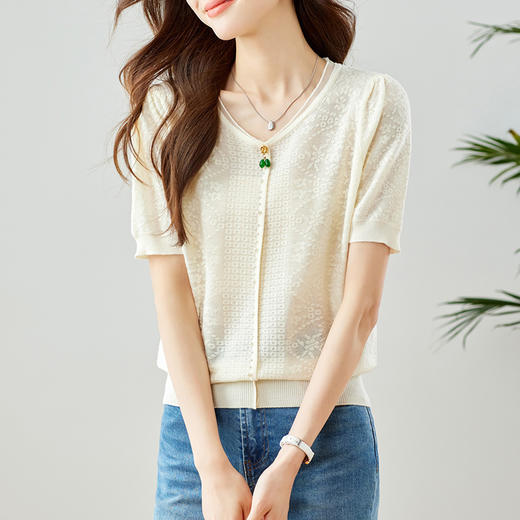 雀说提花针织衫新款短袖气通勤休闲圆领冰丝薄款透气AL45054 商品图6