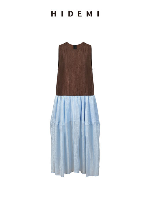 HIDEMI极简设计感圆领艺术波纹缎面拼接撞色灯笼式立体剪裁连衣裙 商品图5