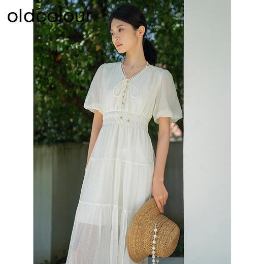 oldcolour夏季新款纯色小清新气质高腰短袖蛋糕连衣裙女Q251005A1 商品图0