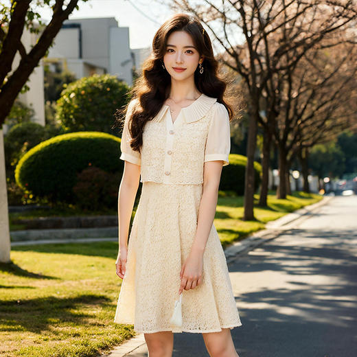 奢姿大码女装2025夏季时尚蕾丝拼接连衣裙胖妹妹减龄娃娃领裙子9952890355 商品图1