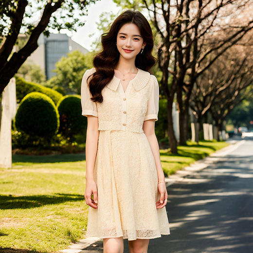 奢姿大码女装2025夏季时尚蕾丝拼接连衣裙胖妹妹减龄娃娃领裙子9952890355 商品图3