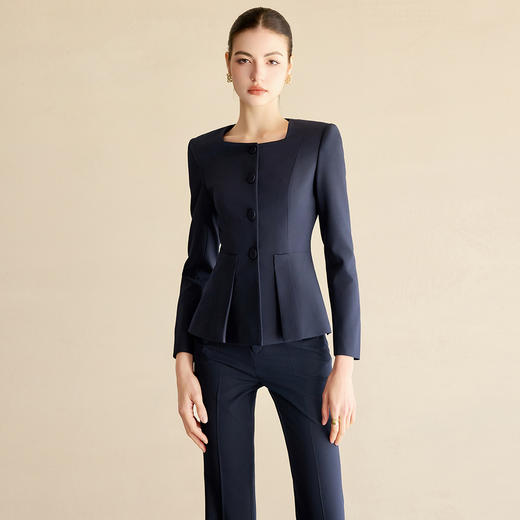 IWY/春秋高端蚕丝醋酸西装套装女藏青色职业装时尚方领西服外套阔腿裤CP2219 商品图4