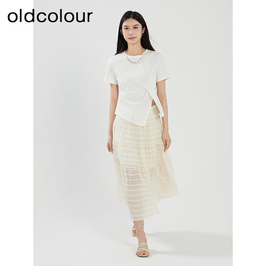 oldcolour夏季新款白色简约设计感褶皱百搭短袖T恤女Q280202A1 商品图4