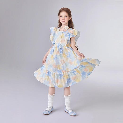 笛莎Deesha 童装女童连衣裙2025夏新款女童花版印花飞袖连衣裙 商品图2