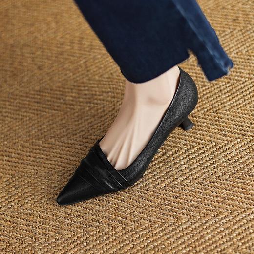 【预售5天】法式浪漫～真皮皱褶粗跟浅口单鞋气质百搭OL高跟鞋女真皮JLY&18-593 商品图4