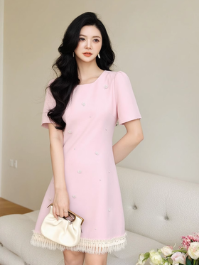 奢姿大码女装2025夏季钉珠减龄花边拼接时尚连衣裙胖妹妹简约裙子9952890413