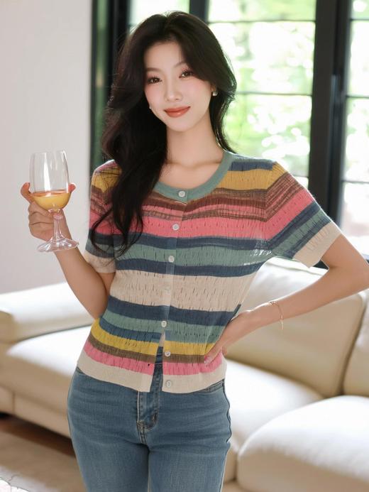 奢姿大码女装2025夏季减龄彩虹条纹针织衫胖妹妹圆领时尚百搭上衣9652690353 商品图1