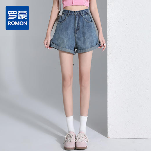 罗蒙夏季女士牛仔短裤高腰显瘦直筒卷边设计时尚休闲通勤短裤女 商品图0
