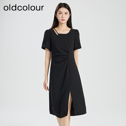 oldcolour夏季新款黑色优雅气质高级感设计感短袖连衣裙女Q221001A1 商品图0