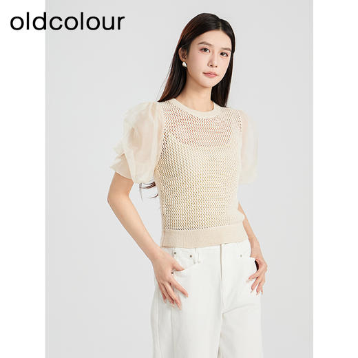 oldcolour夏季新款设计感泡泡袖镂空网状短款套头上衣女Q230507A1 商品图2