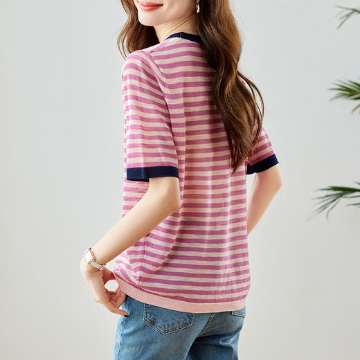 雀说撞色条纹短袖T恤女新款字母印花圆领减龄少女感上衣AL45062 商品图3