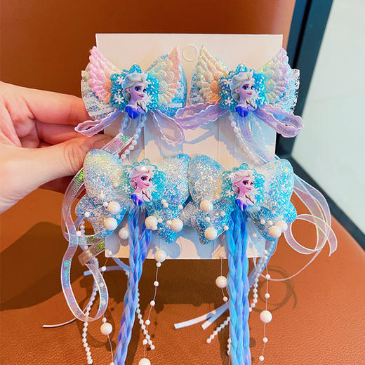 【精美飘带设计，宝宝造型亮眼！】蓝色蝴蝶冰雪发夹 布艺儿童不伤发 公主头饰飘带蝴蝶结 宝宝头饰-QQ 商品图3