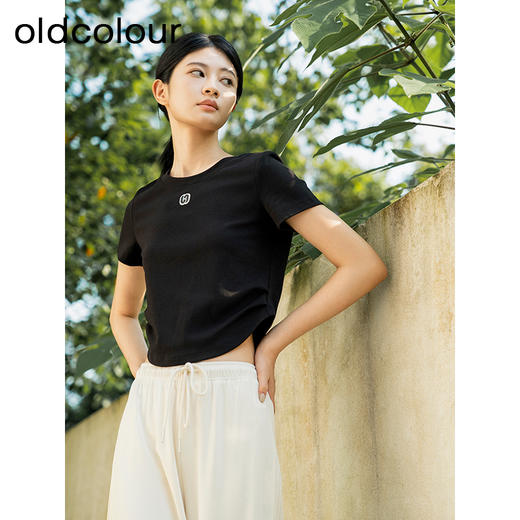oldcolour夏季新款纯色简约通勤百搭短款短袖T恤女Q240204A1 商品图6