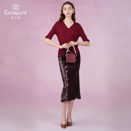 【三色可选】乔万尼早春冰丝打底针织衫女薄款小香风设计感v领夏款短袖EI2M815 商品图2