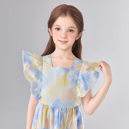 笛莎Deesha 童装女童连衣裙2025夏新款女童花版印花飞袖连衣裙 商品图3