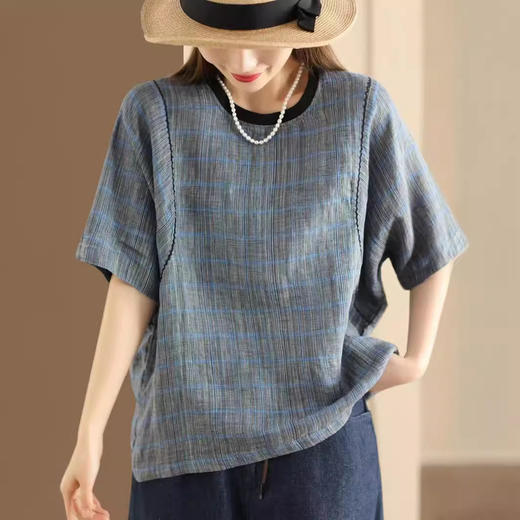雀说新款勾线色织格纹上衣女拼接螺纹圆领短袖格子衫休闲AL727 商品图1