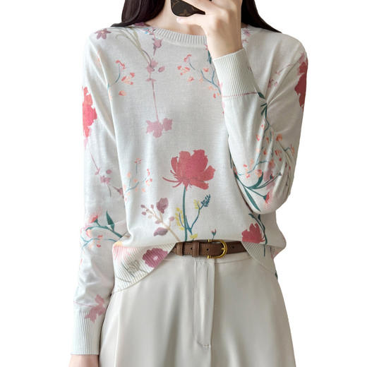 丁摩 春夏新款薄款精纺羊毛拼接桑蚕丝圆领长袖针织衫女5ZF-2345 商品图4