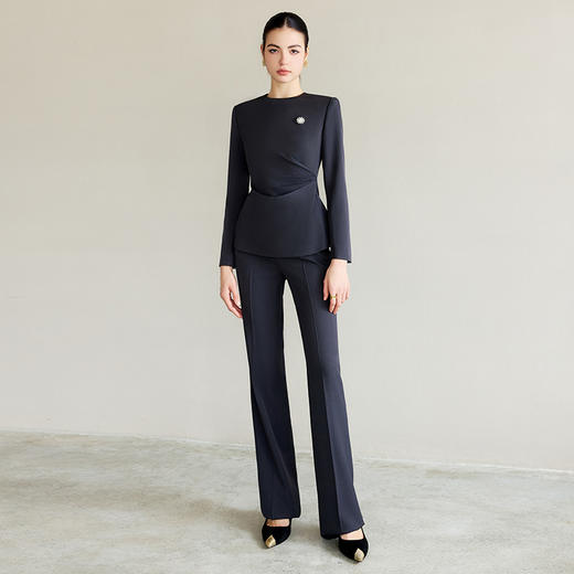 IWY/灰色西装套装女新中式收腰压褶西服外套显瘦阔腿裤职业装两件套CP2225 商品图0