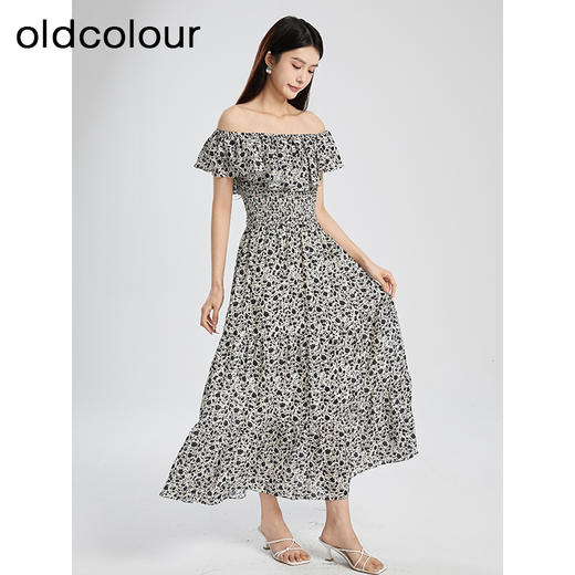 oldcolour夏季新款优雅气质一字领短袖碎花蛋糕连衣裙女Q281009A1 商品图3