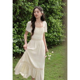 【65折秒杀】鹿向南「云朵慕斯」气质法式杏色收腰女短袖连衣裙2025夏新款长裙L53821