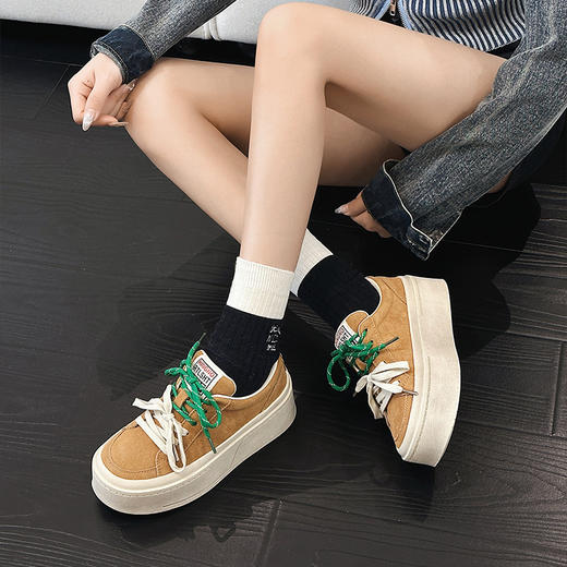 丁摩 欧洲站厚底板鞋春季新款双色系带面包鞋真皮小个子增高休闲鞋5ZF-3311 商品图2