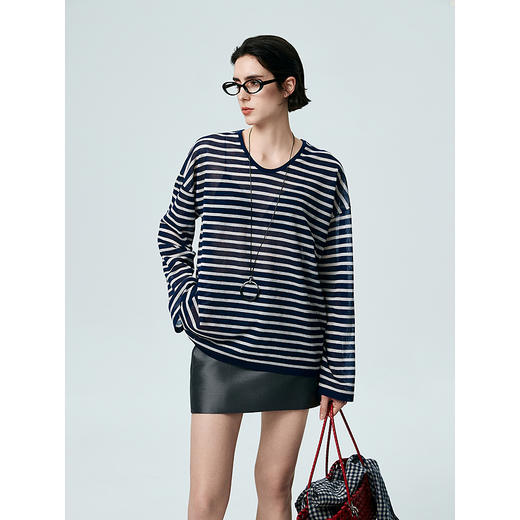 棉仓363635009-初棉麻混纺条纹透视编织圆领宽松版罩衫 商品图1