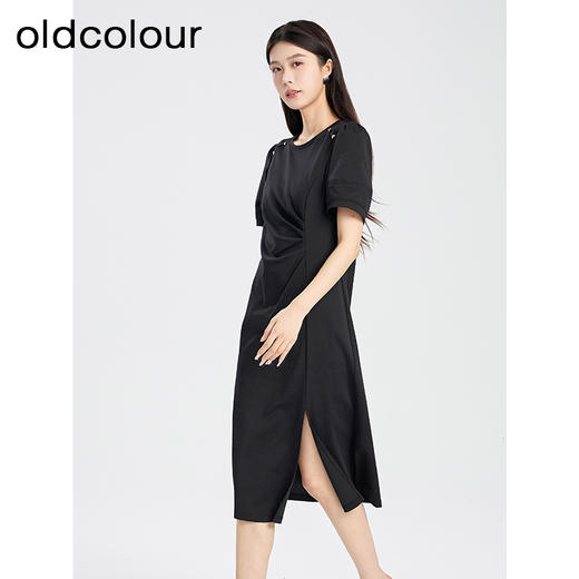 oldcolour夏季新款黑色简约优雅气质高腰开叉短袖连衣裙Q281006A1 商品图1