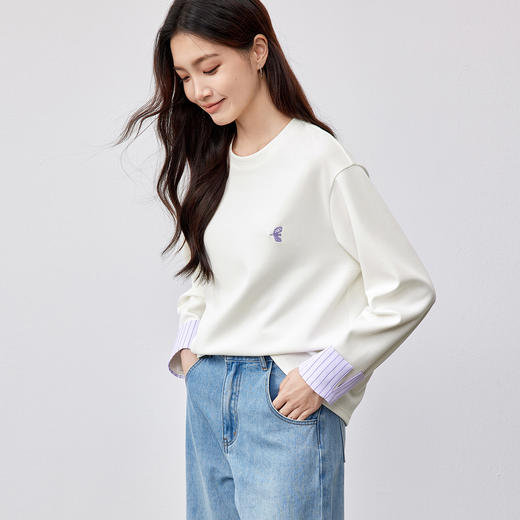 【“小飞侠”系列】撞色刺绣立体拼接条纹落肩袖曼巴棉空气层卫衣 商品图2