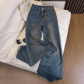 雀说复古高腰弹力直筒牛仔裤春夏新款宽松显瘦时尚百搭直筒裤AL9080