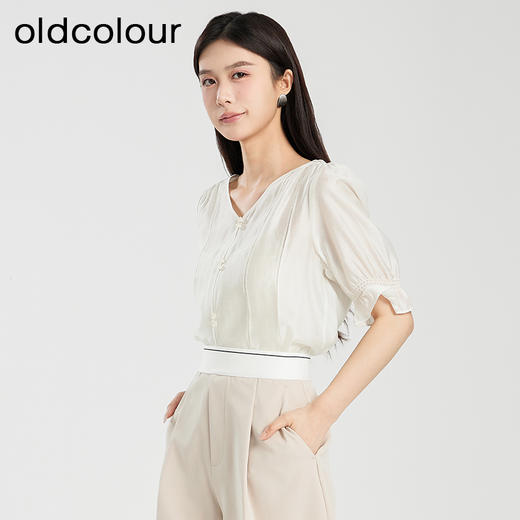oldcolour夏季新款纯色简约宽松V领薄款百搭短袖衬衫女Q250102A1 商品图3