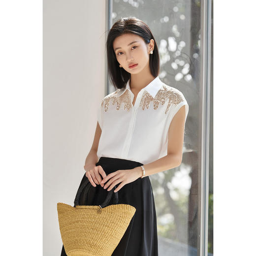 剩S/M/L/XL 米思阳2025夏季新款简约气质亚麻衬衣无袖直筒蕾丝拼接百搭衬衫上衣女1729 商品图1
