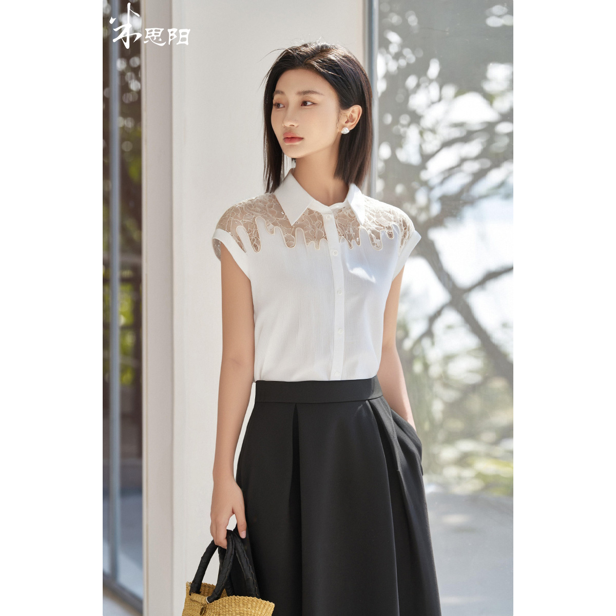 剩S/M/L/XL 米思阳2025夏季新款简约气质亚麻衬衣无袖直筒蕾丝拼接百搭衬衫上衣女1729