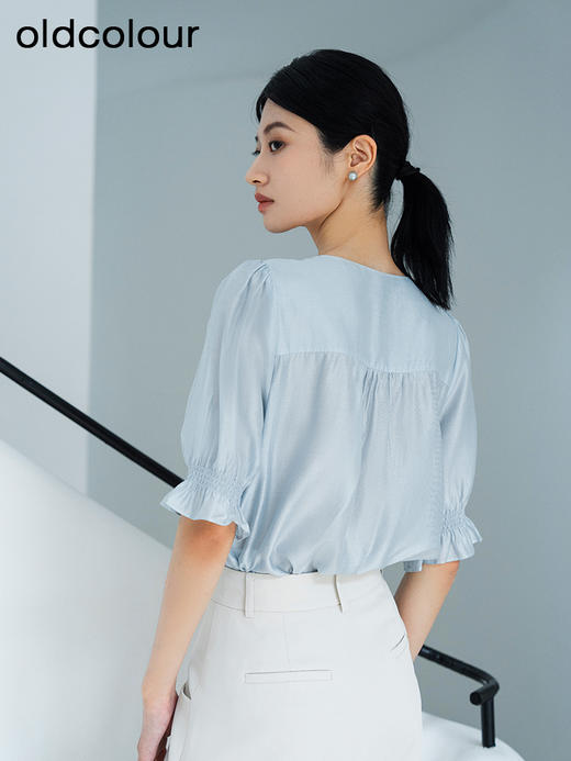 oldcolour夏季新款纯色简约宽松V领薄款百搭短袖衬衫女Q250102A1 商品图4