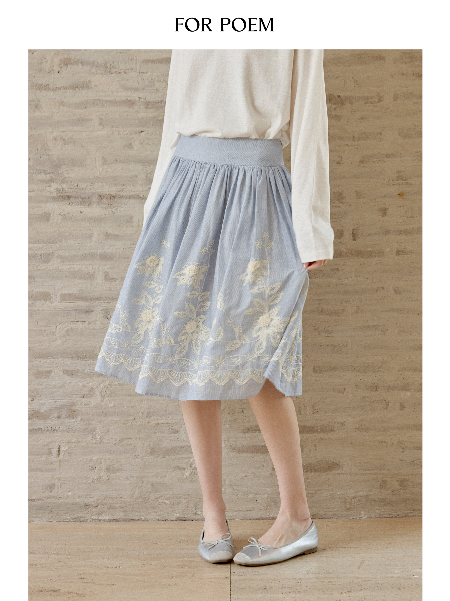 ForPoem 现货 25/SS原创设计100棉花朵刺绣度假风半身裙