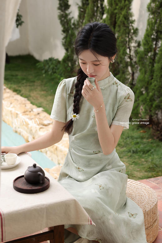 鹿向南「春山赴雪」绿色新中式连衣裙女夏季改良款旗袍复古长裙子L53902 商品图5