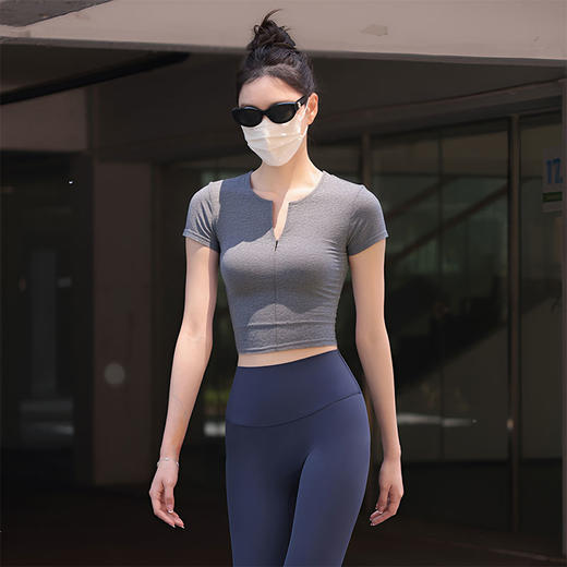 Beemen瑜伽服女运动上衣透气跑步健身半拉链短袖T恤夏 商品图3