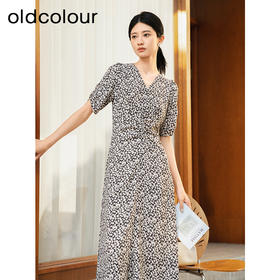 oldcolour夏季新款优雅气质高腰显瘦V领短袖碎花连衣裙女Q241007A1