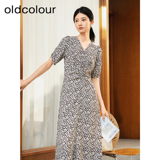 oldcolour夏季新款优雅气质高腰显瘦V领短袖碎花连衣裙女Q241007A1 商品图0