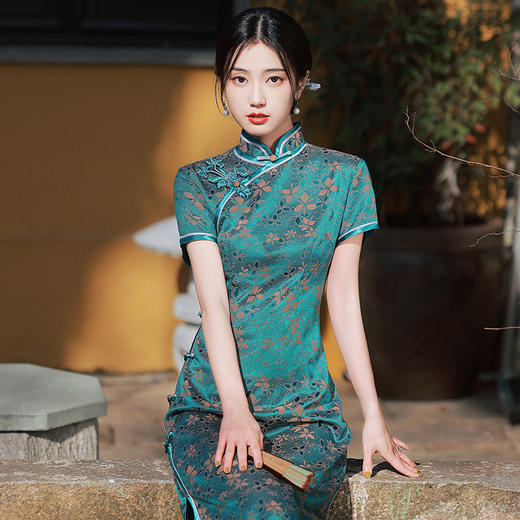 夏季日常长款绿色气质夏季修身显瘦优雅显经典年轻改良旗袍XL630 商品图2