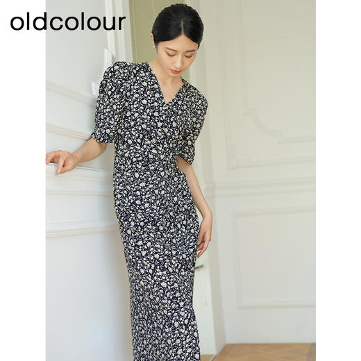 oldcolour夏季新款优雅气质高腰V领短袖碎花连衣裙女Q281018A1 商品图1