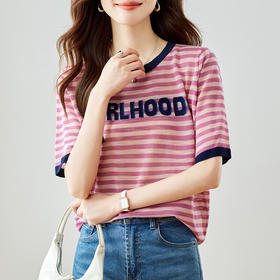 雀说撞色条纹短袖T恤女新款字母印花圆领减龄少女感上衣AL45062
