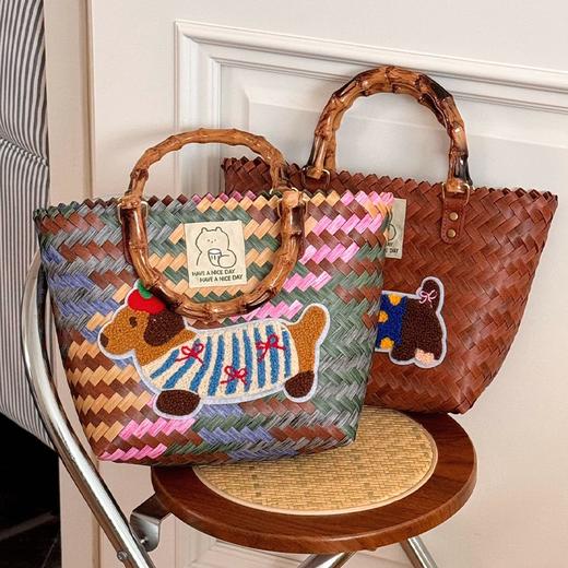sweet&coco腊肠狗手工编织包 大容量 精致卡通图案 仿真竹节提手 4款可选 商品图6
