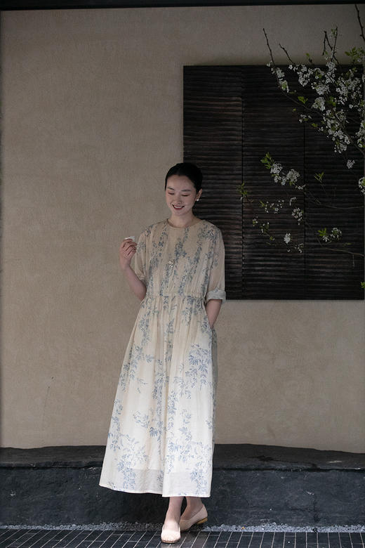 牧衣游原创 印花丝棉连衣裙新品显瘦轻薄浪漫气质文艺长裙 幽篁碧 商品图5