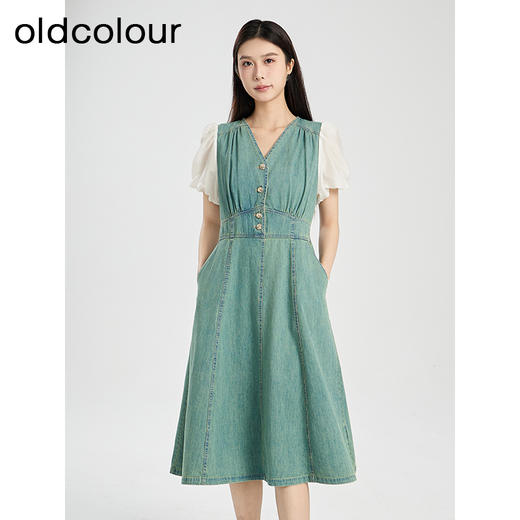 oldcolour夏季新款复古气质拼接V领中长款牛仔连衣裙女Q281023A1 商品图3