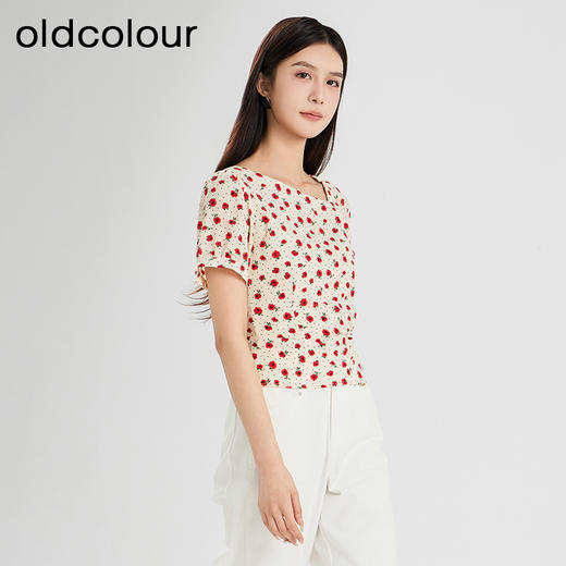 oldcolour夏季新款设计感气质收腰短袖套头碎花衬衫女Q280106A1 商品图2