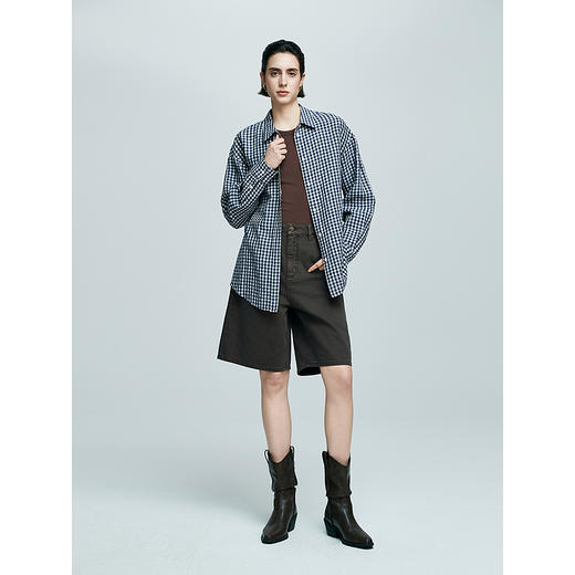 棉仓362604041-初棉亚麻色织格纹方领宽松藏青白格子衬衫 商品图4