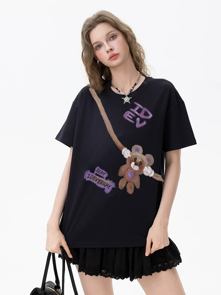 IDEVERRAY品牌美式斜挎包字母小熊短袖T恤男女宽松潮牌2023夏季21MSL-TM679