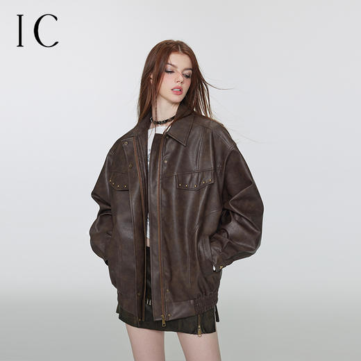 IC美拉德柳钉短外套上衣秋冬新款美式复古皮衣女短款皮夹克 商品图0