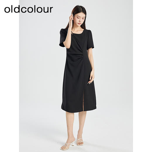 oldcolour夏季新款黑色优雅气质高级感设计感短袖连衣裙女Q221001A1 商品图3